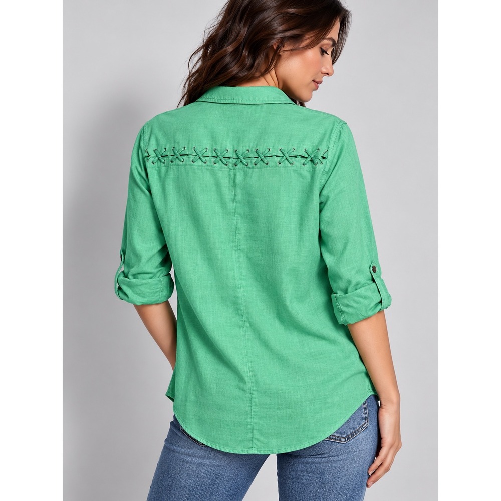Billy T Women's Green Lyocell Linen Lace Up Back Button Down Shirt Large NEW